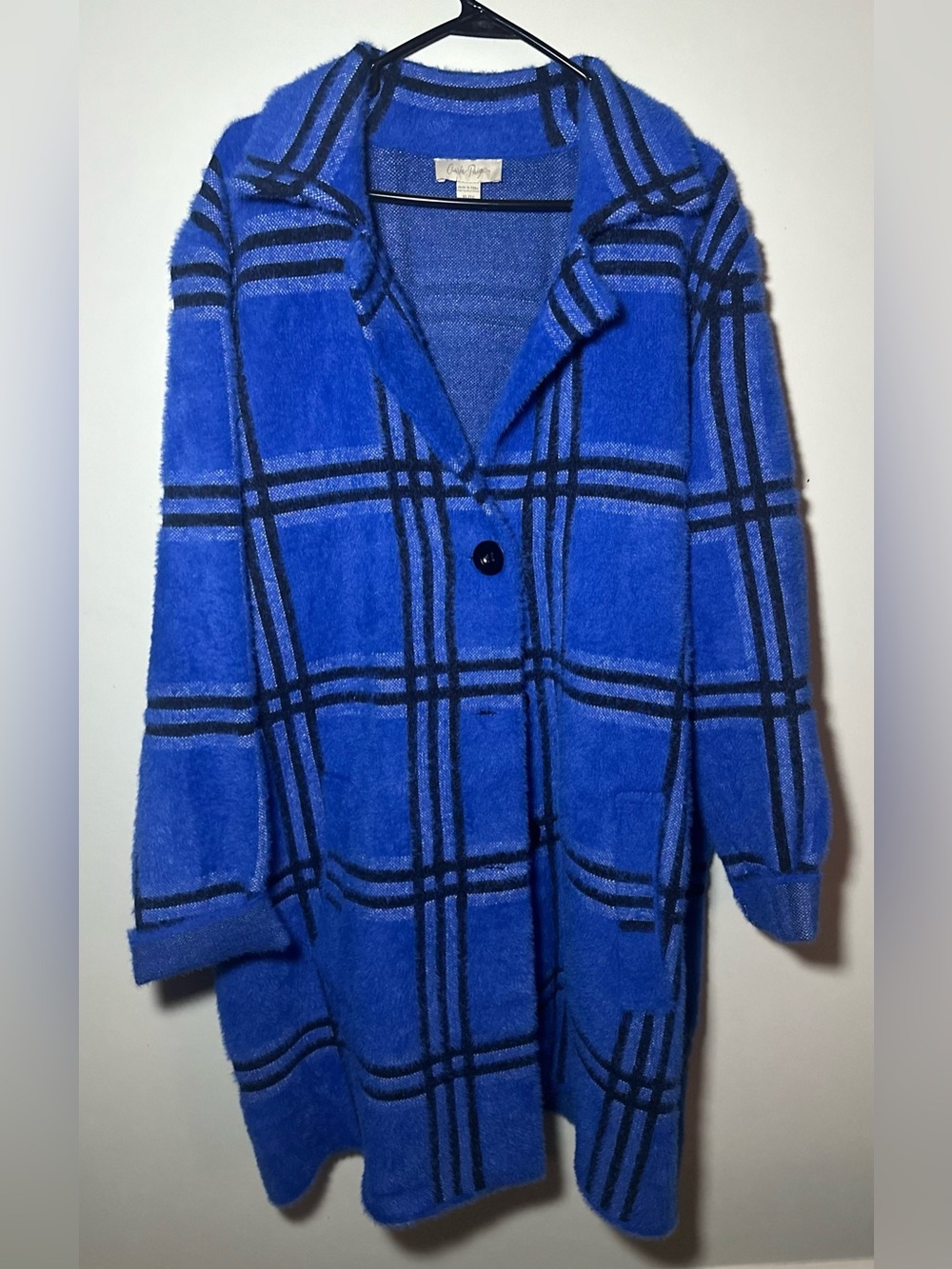 Charlie Paige Royal Blue Black Plaid Fuzzy Cardigan Coatigan XL